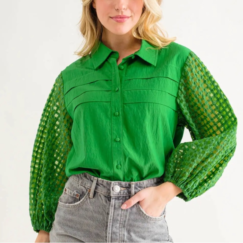 Ces Femme Plaid Mesh Sleeve Shirt Green Top